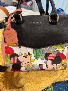 Loungefly Minnie Mouse Floral Satchel - Black, White & Pink
